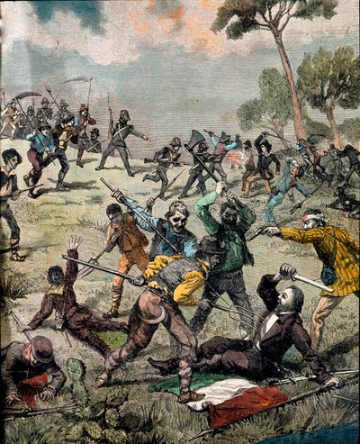 Risorgimento: "" den italienske revolutionær Carlo Pisacane (1818-1857) bliver stormet af bønder i Sapri den 28/06/1857"" Gravering Privat Samling af Unknown artist