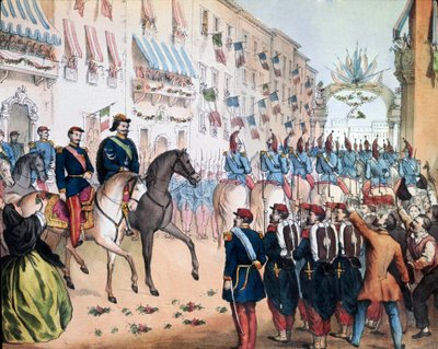 Risorgimento: "" indgangen til Victor Emmanuel (Victor-Emmanuel eller Vittorio Emanuele) II, konge af Italien og Napoleon III, fransk kejser, i Milano den 08/06/1859. Litografi Nationalmuseet i Risorgimento Rom af Unknown artist