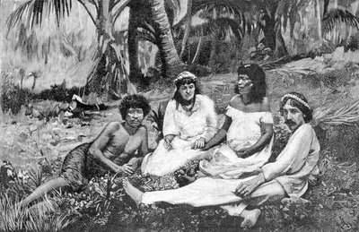 Robert Louis Stevenson (1850 - 1894) med sin kone i Samoa, hvor han fik sin bolig udgivet i Vailima. Stik omkring 1890-1895. af Unknown artist