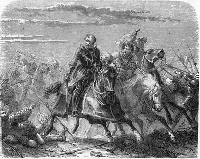 Robert af Mark of Landsknechts, tager sin søns lig fra schweizerne. Indgravering af det 19. århundrede. af Unknown artist