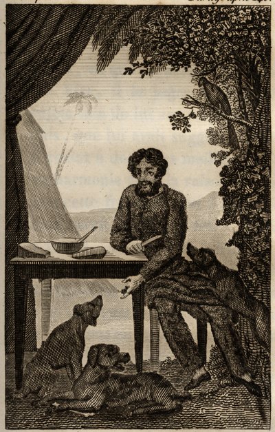 Robinson Crusoes hunde venter på, at han kaster nogle stykker at spise, indgravering indsat i Daniel Defoes "Les aventures de Robinson Crusoe" (1660-1731), edition la librairie d