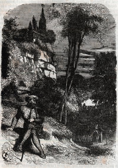 Rodomont, Isabella og den gamle eremit - 1851 gravering fra "" Furious Roland"" (Orlando furioso) (1500-tallet) af Ludovico Ariosto, kendt som Ariosto - Udgave oversat fra italiensk af greven af Tressan og udgivet af Gustave Harvard 1851 af Unknown artist