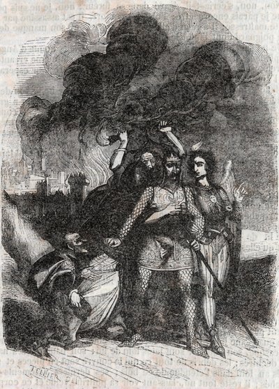 Rodomont forlader Paris - indgravering af 1851 fra "" Roland furieux"" (1500-tallet) af Ludovico Ariosto, kendt som Ariosta - Udgave oversat fra italiensk af greven af ​​Tressan og udgivet af Gustave Harvard af Unknown artist