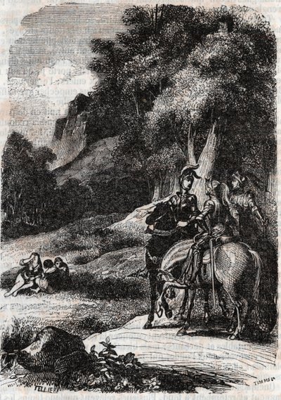 Roger (Ruggero, Ruggiero), Marphise (Marfisa) og de tre kvinder - gravering fra 1851 fra "" Roland furieux"" (1500-tallet) af Ludovico Ariosto, kaldet Ariosto - Udgave oversat fra italiensk af greven af ​​Tressan og udgivet af af Unknown artist