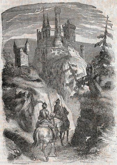 Roger (Ruggero, Ruggiero) og Richardet ser slottet Aigremont - gravering fra 1851 fra "" Roland furieux"" (1500-tallet) af Ludovico Ariosto, kendt som Ariosta - Udgave oversat fra italiensk af greven af ​​Tressan og publ. af Unknown artist