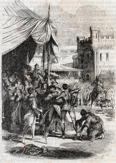Roger (Ruggero, Ruggiero) trodser i kamp af Rodomont (Rodomont) - indgravering af 1851 fra "" Furious Roland"" (1500-tallet) af Ludovico Ariosto, kendt som Ariosta - Udgave oversat fra italiensk af greven af ​​Tressan og udgive af Unknown artist