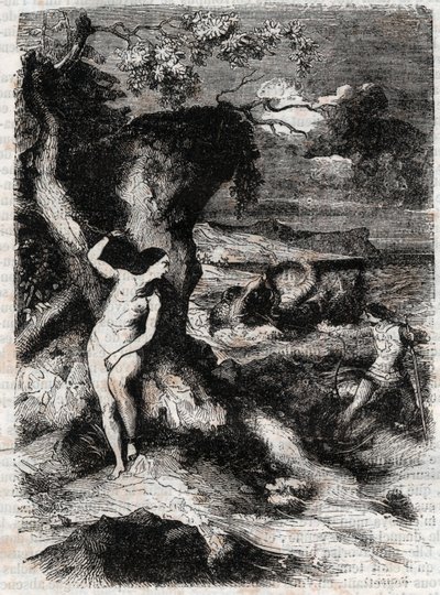 Roland leverer Olympus - gravering af 1851 fra "" Roland the Furious"" (Orlando the Furious) (1500-tallet) af Ludovico Ariosto, kendt som Ariosto - Edition oversat fra italiensk af greven af ​​Tressan og udgivet af Gustave Harvard af Unknown artist