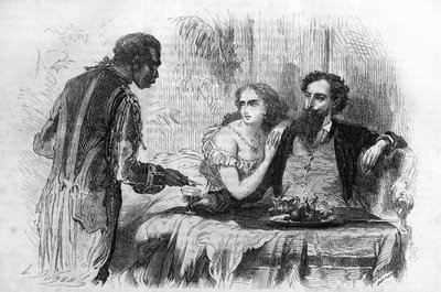 Romersk føljeton: "Puritanerne i Paris" af Paul Bocage (1824-1887). "Negren bragte Robert visitkortet." Indgravering i "" Les bons romances"" af Unknown artist