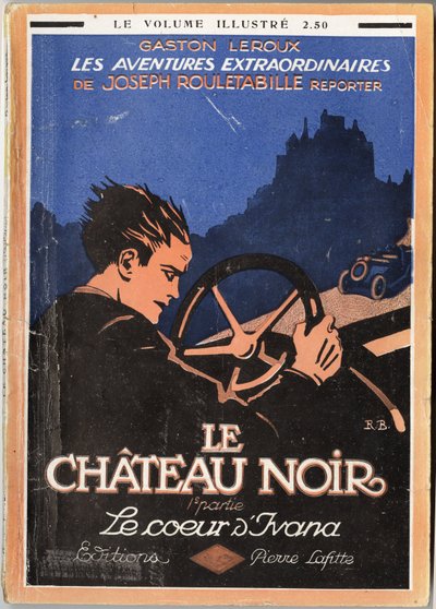 Rouletabille bag rattet i sin cabriolet forfølger en bil, forsideillustration til Gaston Leroux (1868-1927), Pierre Lafitte edition, Paris af Unknown Artist