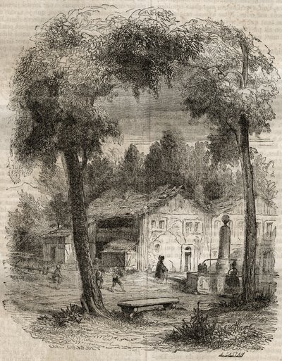 Rousseau a Motiers (Canton of Neuchatel) - Illustration til "" bekendelserne" af Jean-Jacques (Jean Jacques) Rousseau (1712-1778) - gravering af 1849 af Unknown artist