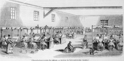 Royal Tobacco Manufacture: cigarfremstillingsværksted. 1800-tals gravering. af Unknown artist