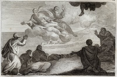 Royaumont Bibelen, Det Nye Testamente: Jesu Kristi Himmelfart. Kristus er taget fra himlen og velsignet apoterne, før han forsvinder i en sky. Illustration fra 1811. af Unknown artist