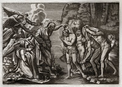 Royaumont Bible, Det Nye Testamente: Jesu Kristi Dåb. Johannes Døberen døber Jesus Kristus i Jordanflodens vand. Illustration fra 1811. af Unknown artist