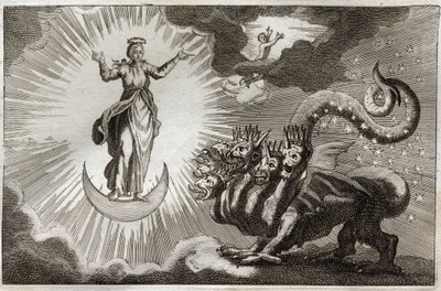 Royaumont Bible, Det Nye Testamente: Bete of Revelation. Sankt Johannes ser et monstrøst dyr med syv hoveder og ti horn og en gravid kvinde omgivet af lys, under hvis fødder er månen og på hendes hoved en krone af tolv stjerner. Illustration fra 1811. af Unknown artist