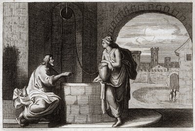 Royaumont Bibelen, Det Nye Testamente: Kristus og samaritaneren ved brønden. Jesus Kristus omvender en samaritansk kvinde. Illustration fra 1811. af Unknown artist