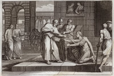 Royaumont Bibelen, Det Nye Testamente: Cornelius døber. Crow the centurion modtager troen på Jesus Kristus og bliver døbt af St. Peter. Illustration fra 1811. af Unknown artist