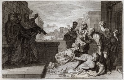 Royaumont Bibelen, Det Nye Testamente: Ananias og hans kone Saphires død før St. Peter og St. John. Illustration fra 1811. af Unknown artist