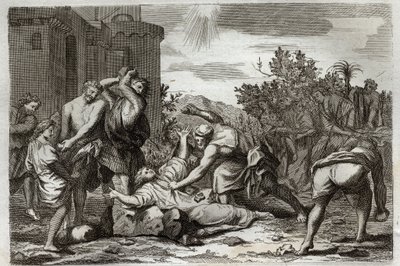 Royaumont Bibelen, Det Nye Testamente: St Stephens, første kristne martyrs død ved stening. Illustration fra 1811. af Unknown artist