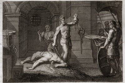Royaumont Bible, Det Nye Testamente: Dekollering af Johannes Døberen. Man lægger hovedet på et plateau. Illustration fra 1811. af Unknown artist