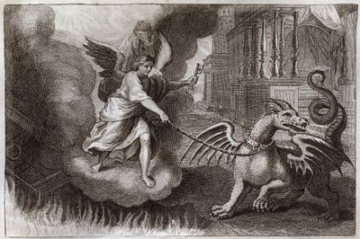 Royaumont Bibelen, Det Nye Testamente: Dragekæder. Åbenbaringens Drage, symbol på Djævelen, er lænket af en engel, der holder nøglen til abime. Illustration fra 1811. af Unknown artist