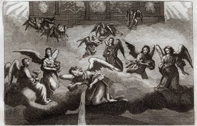 Royaumont Bible, Det Nye Testamente: Åbenbaringens Drage. Syv engle hælder indholdet af deres bæger, symbol på Guds vrede, ud på jorden. Illustration fra 1811. af Unknown artist