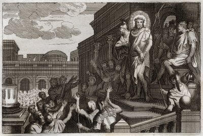 Royaumont Bibelen, Det Nye Testamente: Ecce homo. Pontius Pilatus (Pontius Pilatus) præsenterer Jesus Kristus med torne til mængden og siger: "Her er manden". Illustration fra 1811. af Unknown artist