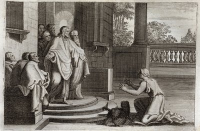 Royaumont Bibelen, Det Nye Testamente: Jesus Kristus og Kanaans hustru (Kanan eller den fremmede kvinde). En bonde beder Herren om hjælp til at helbrede sin datter. Kristus svarede ham: "Jeg blev kun sendt til de fortabte får af Israels hus." Illustration  af Unknown artist
