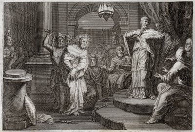 Royaumont Bibelen, Det Nye Testamente: Jesus Kristus før Caiphus og Anan (Hanan eller Anne eller Hanne). Illustration fra 1811. af Unknown artist
