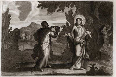Royaumont Bibelen, Det Nye Testamente: Jesus Kristus i ørkenen. Jesus bliver drevet ud i ørkenen. Han unge fyrre dage og fyrre nætter. Han bliver fristet af dæmonen, der inviterer ham til at forvandle sten til brød. Illustration fra 1811. af Unknown artist
