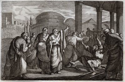 Royaumont Bibelen, Det Nye Testamente: Lame gueri. Saint Paul kriger en lam og arresterer et folk, der ønskede at ofre til ham som en Gud. Illustration fra 1811. af Unknown artist