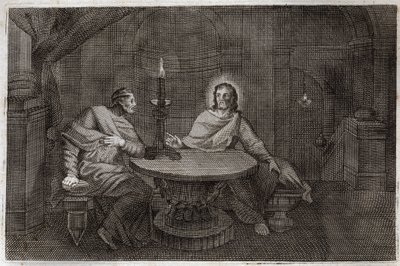 Royaumont Bibelen, Det Nye Testamente: Nikodema kommer for at finde Jesus Kristus om natten. Illustration fra 1811. af Unknown artist
