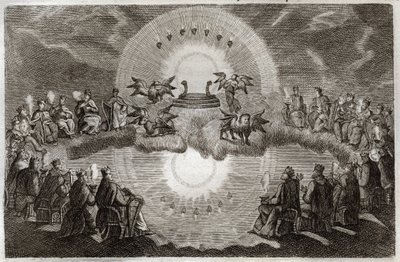 Royaumont Bible, Det Nye Testamente: Åben himmel. En trone dukker op omgivet af en løve, en okse, en mand og en ørn (tetramorf) og syv lamper. Fireogtyve gamle mennesker, der sidder på troner, omgiver dette syn. Illustration fra 1811. af Unknown artist