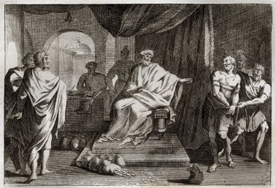 Royaumont Bible, Det Nye Testamente: Lignelse om talenter. En mester straffer en af sine tjenere, som gemte de penge, han gav ham. Illustration fra 1811. af Unknown artist