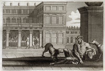 Royaumont Bibelen, Det Nye Testamente: Lignelse om den onde rige repræsenterer ved bordet i ryggen og Lazarus tiggeren, hvis hunde af de rige slikker sårene. Illustration fra 1811. af Unknown artist
