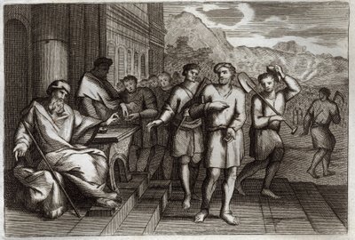 Royaumont Bible, Det Nye Testamente: Lignelse om vinarbejdere eller lignelse om arbejdere i den ellevte time. Arbejdere, som familiens fader sender for at arbejde i sin vingård. Illustration fra 1811. af Unknown artist