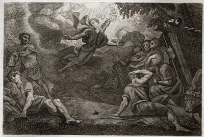 Royaumont Bibelen, Det Nye Testamente: Præster i vuggestuen. En engel annoncerer Jesu Kristi fødsel til præsterne (Bebudelse til hyrderne). Illustration fra 1811. af Unknown artist
