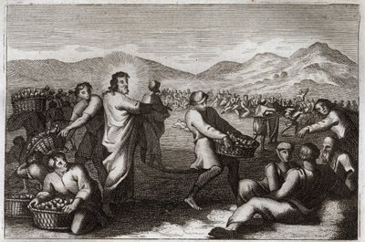 Royaumont Bible, Nye Testamente: Formering af brød. Jesus Kristus formerer fem brød og bespiser fem tusinde mænd. Illustration fra 1811. af Unknown artist