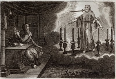 Royaumont Bible, Det Nye Testamente: Johannes åbenbaringer i Åbenbaringen. Jesus Kristus viser sig i Sankt Johannes mellem syv gyldne lysestager, med syv stjerner i hans højre hånd og et sværd, der kommer ud af hans mund. Illustration fra 1811. af Unknown artist
