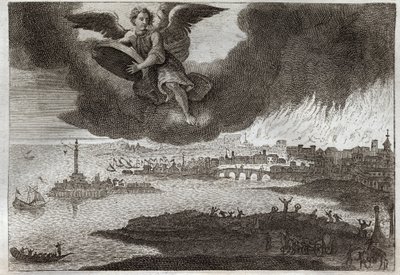 Royaumont Bible, Det Nye Testamente: Babylons ruin. Babylon i brand, en engel kaster en sten mod havet, hvilket symboliserer ødelæggelsen af denne by under åbenbaringen. Illustration fra 1811. af Unknown artist