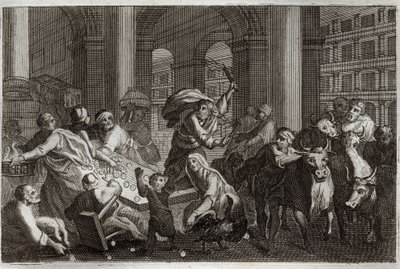 Royaumont Bible, Det Nye Testamente: Sælgere jager fra templet. Jesus Kristus driver dem bort fra templet, som vanhelligede ham ved den trafik, de drev der. Illustration fra 1811. af Unknown artist