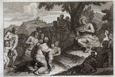 Royaumont Bibelen, Det Nye Testamente: Prædiken på bjerget. Jesus Kristus udvælger tolv apotere af sine disciple og fremfører for dem og for et stort folk prædikenen, som normalt kaldes bjergprædikenen. Illustration fra 1811. af Unknown artist