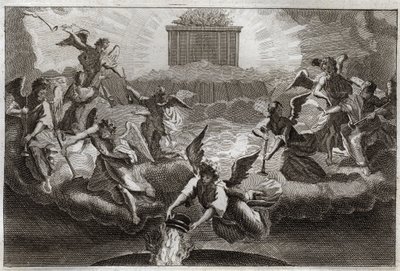 Royaumont Bible, Det Nye Testamente: Syv engle blæser i Åbenbaringens trompeter efter Lammets åbning af bogens syvende segl. En anden engel tager et røgelseskar, fylder det med alterets ild og kaster det på jorden. Illustration fra af Unknown artist