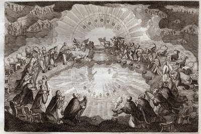 Royaumont Bible, Det Nye Testamente: Syv segl af bogen åbnet af Lammet. De fireogtyve ældste lægger sig ned foran tronen omgivet af en løve, en okse, en mand og en ørn (tetramorf) og syv lamper. Illustration fra 1811. af Unknown artist