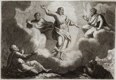 Royaumont Bible, Det Nye Testamente: Jesu Kristi Forvandling. Kristus omgiver Moses og Elias med nedenfor apostlen Sankt Johannes, Peter og Jakob. Illustration fra 1811. af Unknown artist