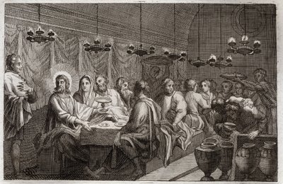 Royaumont Bible, Det Nye Testamente: Brylluppet i Kana. Jesu Kristi første mirakel, der ændrede vand til vin. Illustration fra 1811. af Unknown artist