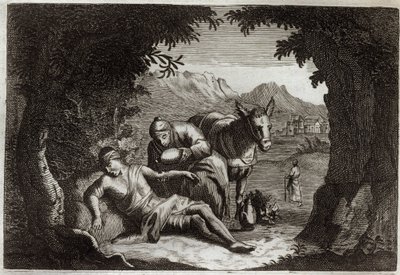 Royaumont Bible, Det Nye Testamente: Lignelsen om den barmhjertige samaritaner. Samaritaneren standsede på vej for at redde den nødstedte mand. Illustration fra 1811. af Unknown artist