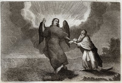 Royaumont Bibelen, Det Nye Testamente: Sankt Johannes syn. Vision of the Angel med en åben bog giver Saint John at fortære ham. Illustration fra 1811. af Unknown artist