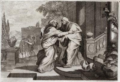 Royaumont Bibelen, Det Nye Testamente: Besøg. Den Hellige Jomfru Maria besøger sin kusine Elisabeth. Illustration fra 1811. af Unknown artist
