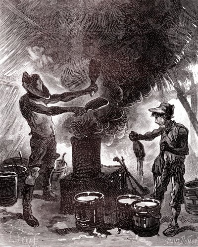 Gummiforberedelse eller vulkanisering i Brasiliens skov af Unknown artist