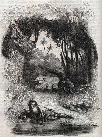 Ruggiero på øen Alcina, - 1851 gravering fra digtet Orlando furioso (1516) af Ludovico Ariosto, - Udgave oversat fra italiensk af greven af Tressan og udgivet af Gustave Harvard 1851 af Unknown artist